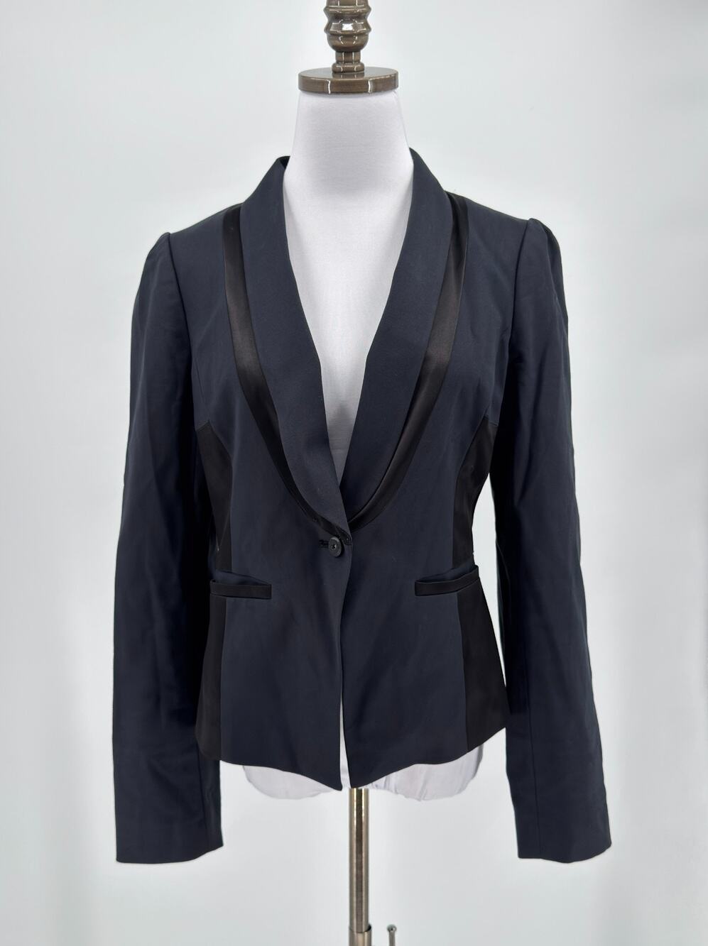 Elevenses Anthropologie Black Cotton Blend Tailored Tuxedo Blazer Jacket Sz 8
